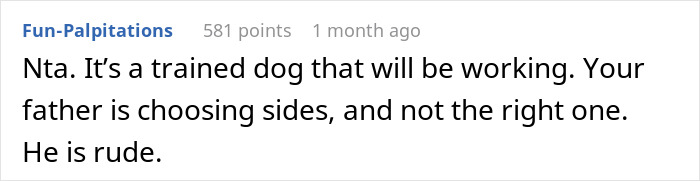 Comment discussing a woman’s service dog and Thanksgiving drama, defending the trained dog’s role during the holiday. Comment discussing a woman’s service dog and Thanksgiving drama, defending the trained dog’s role during the holiday.