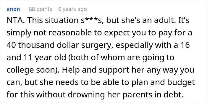 Reddit comment discussing daughter money surgeries and the challenges of paying for expensive medical procedures. Reddit comment discussing daughter money surgeries and the challenges of paying for expensive medical procedures.