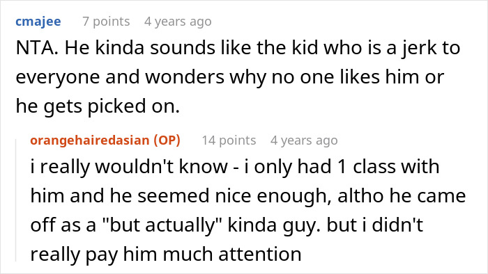 Reddit conversation discussing classmate drama involving dyeing hair orange and social conflicts. Reddit conversation discussing classmate drama involving dyeing hair orange and social conflicts.