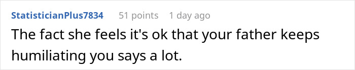 Screenshot of a Reddit comment discussing a father mocking his daughter's boyfriend because of his job.