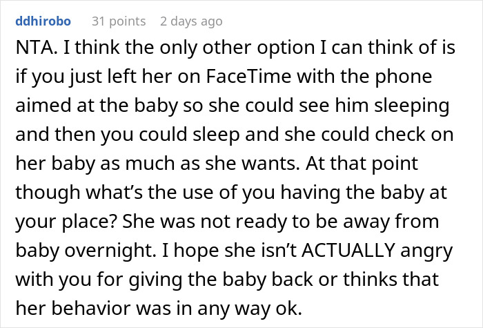 Screenshot of a Reddit comment discussing a mom’s panic and frequent calls during an overnight babysitting by a friend. Screenshot of a Reddit comment discussing a mom’s panic and frequent calls during an overnight babysitting by a friend.