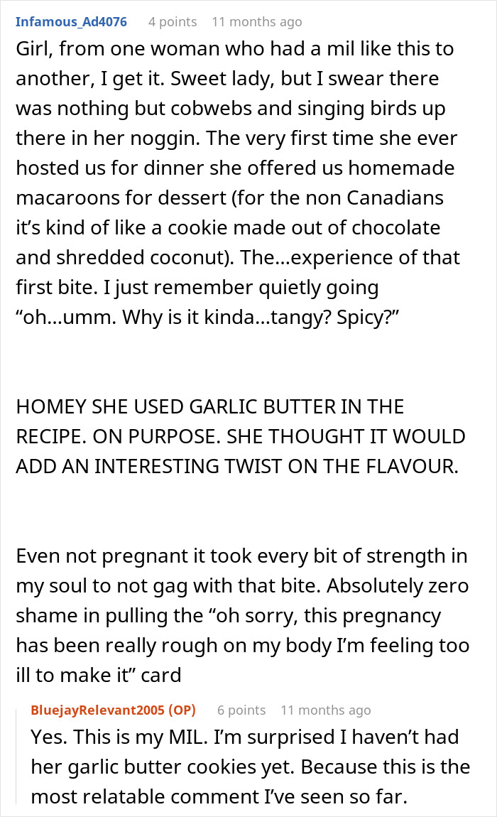Reddit conversation discussing how MIL’s cooking is so bad and hazardous that a pregnant woman wants to skip Thanksgiving dinner. Reddit conversation discussing how MIL’s cooking is so bad and hazardous that a pregnant woman wants to skip Thanksgiving dinner.