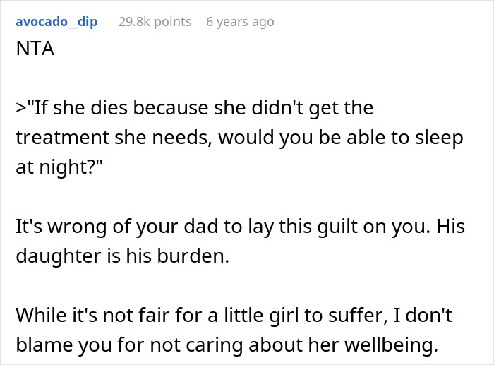 Comment discussing woman refusing to pay for dad’s lovechild surgery using inheritance money, dad calls her heartless.