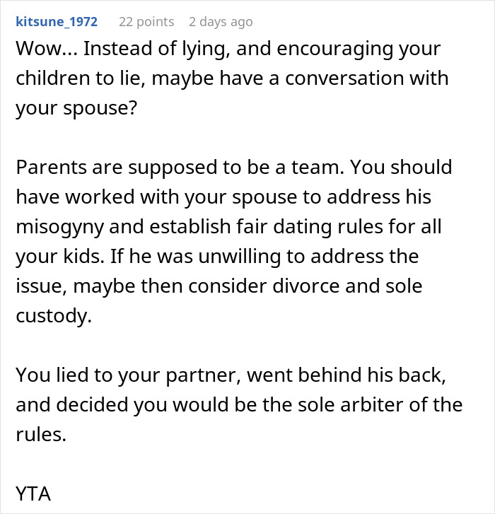 Man’s reaction to teen daughter’s relationship sparks wife’s decision to hide it, causing family conflict in parenting and dating rules.