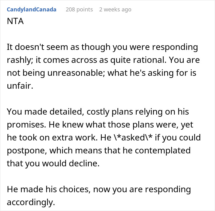 Comment discussing family vacation conflict where husband prioritizes business and wife threatens solo trip.
