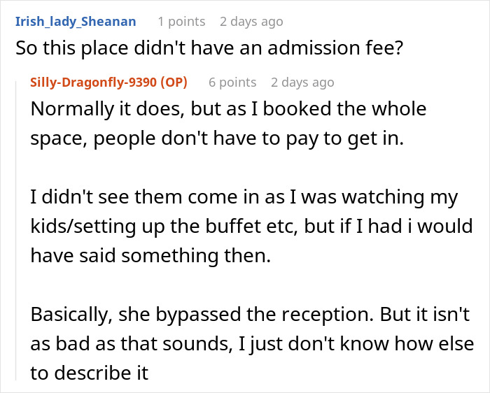 Online discussion showing an entitled mother raising hell after being denied entrance at a private party.