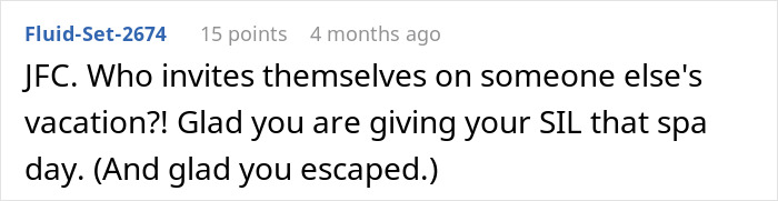 Comment on social media post discussing a MIL announcing her vacation plans and getting outplayed by the couple. Comment on social media post discussing a MIL announcing her vacation plans and getting outplayed by the couple.