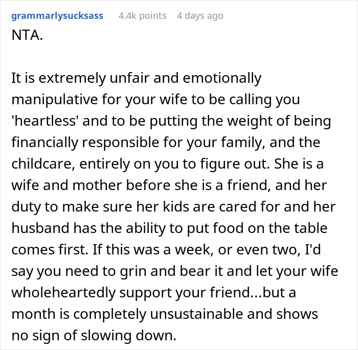 Screenshot of a Reddit comment discussing a mom prioritizing her widowed friend over her kids, causing husband&rsquo;s frustration.