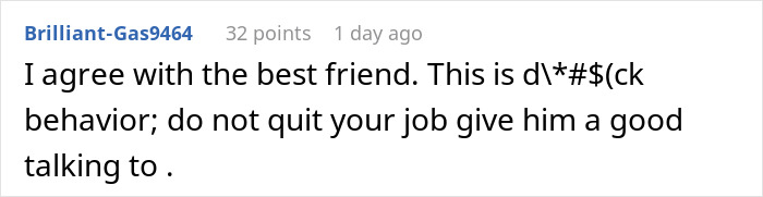 Comment discussing a woman refusing to quit her job after husband’s promotion and facing a lecture on gender roles.