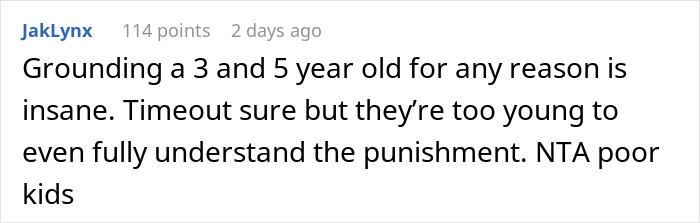 Comment discussing how grounding young kids is ineffective and mentioning the lady on a power trip causing Halloween issues. Comment discussing how grounding young kids is ineffective and mentioning the lady on a power trip causing Halloween issues.