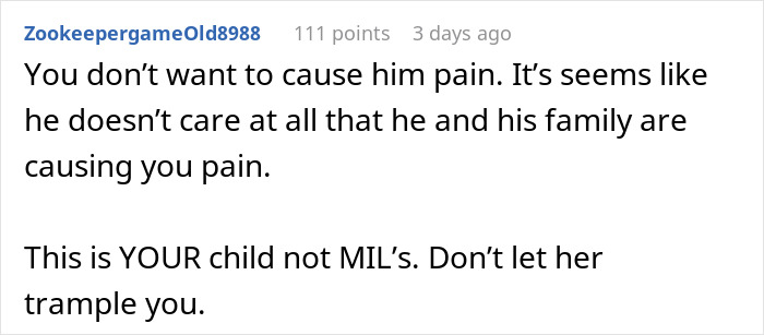 Screenshot of a forum comment about MIL demanding baby’s name honor her culture while new mom fights for her heritage.