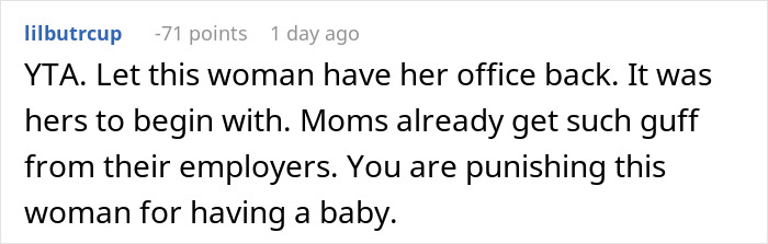 Comment text discussing a woman expecting her private office back after working from home, facing reality check. Comment text discussing a woman expecting her private office back after working from home, facing reality check.