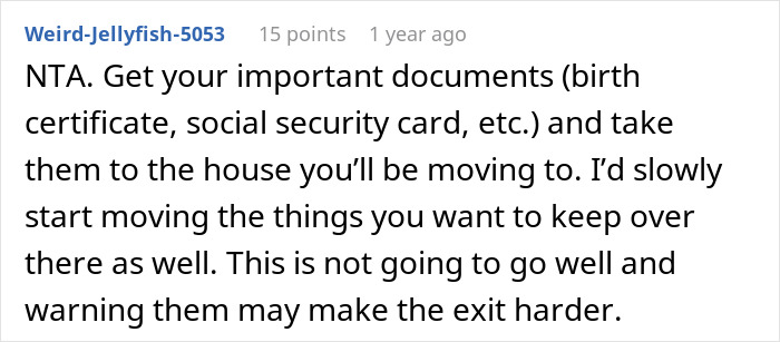 Reddit user advising teen to gather important documents and prepare for moving after refusing to babysit step-siblings again.