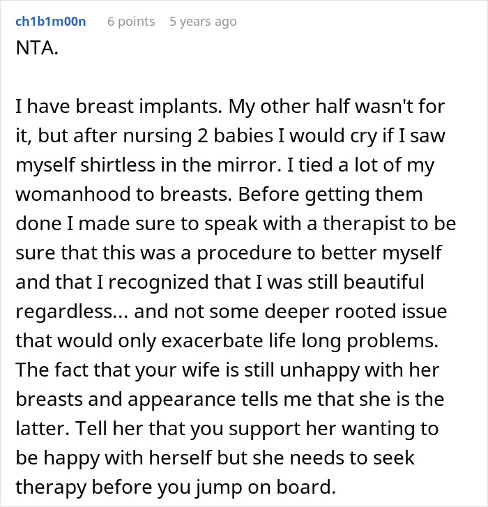 Comment about woman asking husband his feelings on plastic surgeries, including breast implants and therapy advice. Comment about woman asking husband his feelings on plastic surgeries, including breast implants and therapy advice.