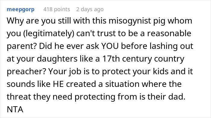 Comment discussing man’s reaction to teen daughter’s relationship, highlighting protection and parental trust issues.