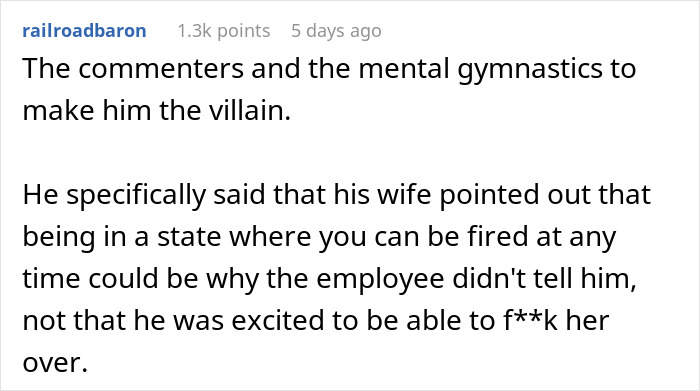 Comment discussing employer hesitation to ask employee if she's pregnant due to right to fire state laws.