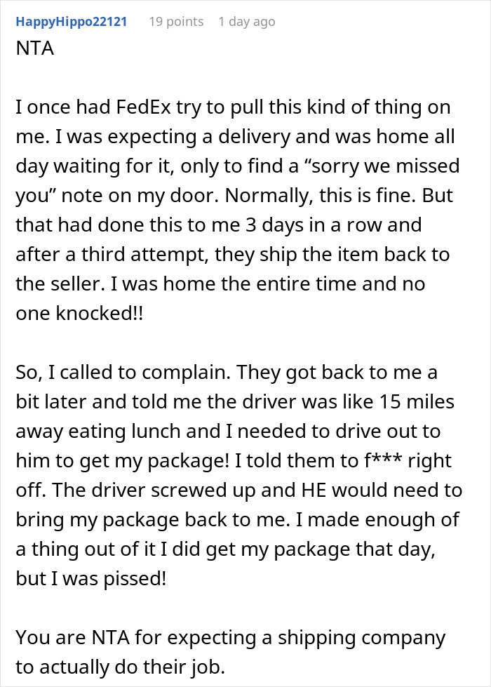 User comment about package delivery issues with shipping company expecting customer to return wrong deliveries at own expense.