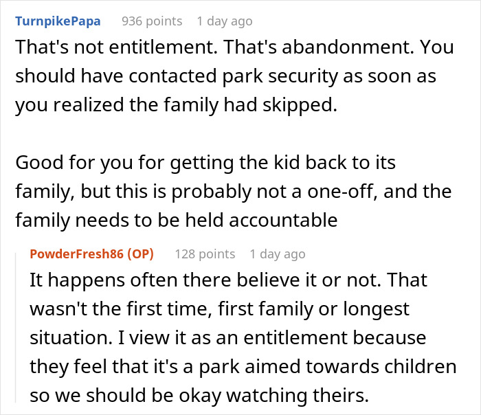 Reddit user comments discussing a theme park worker left carrying an unknown baby after parents vanished in crowd. Reddit user comments discussing a theme park worker left carrying an unknown baby after parents vanished in crowd.