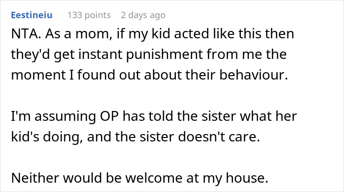 Comment discussing a lady calling her sister selfish for refusing to babysit badly behaved nephew during hospital stay. Comment discussing a lady calling her sister selfish for refusing to babysit badly behaved nephew during hospital stay.