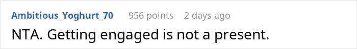 Screenshot of an online comment stating that getting engaged is not a Christmas gift, reflecting a reality check. Screenshot of an online comment stating that getting engaged is not a Christmas gift, reflecting a reality check.