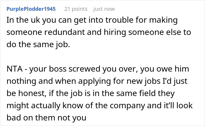 Screenshot of a forum comment discussing employee refusal to train replacement after being laid off and boss threatening reference.