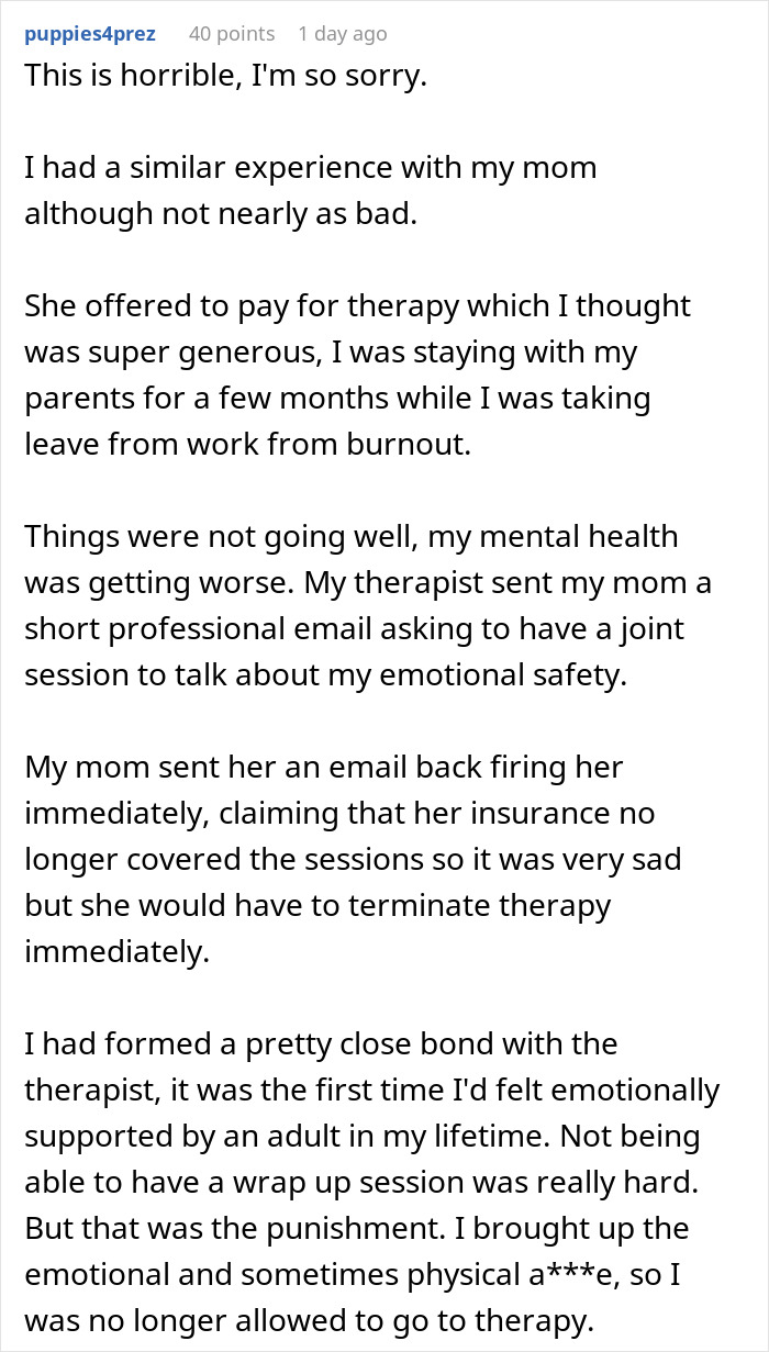 Comment about woman unable to trust mom after discovering spying on her therapy sessions, expressing hurt and betrayal.