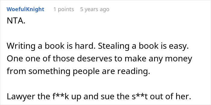 Alt text: Woman steals sister-in-law’s book and publishes it, resulting in losing all profits and earning no money from the theft