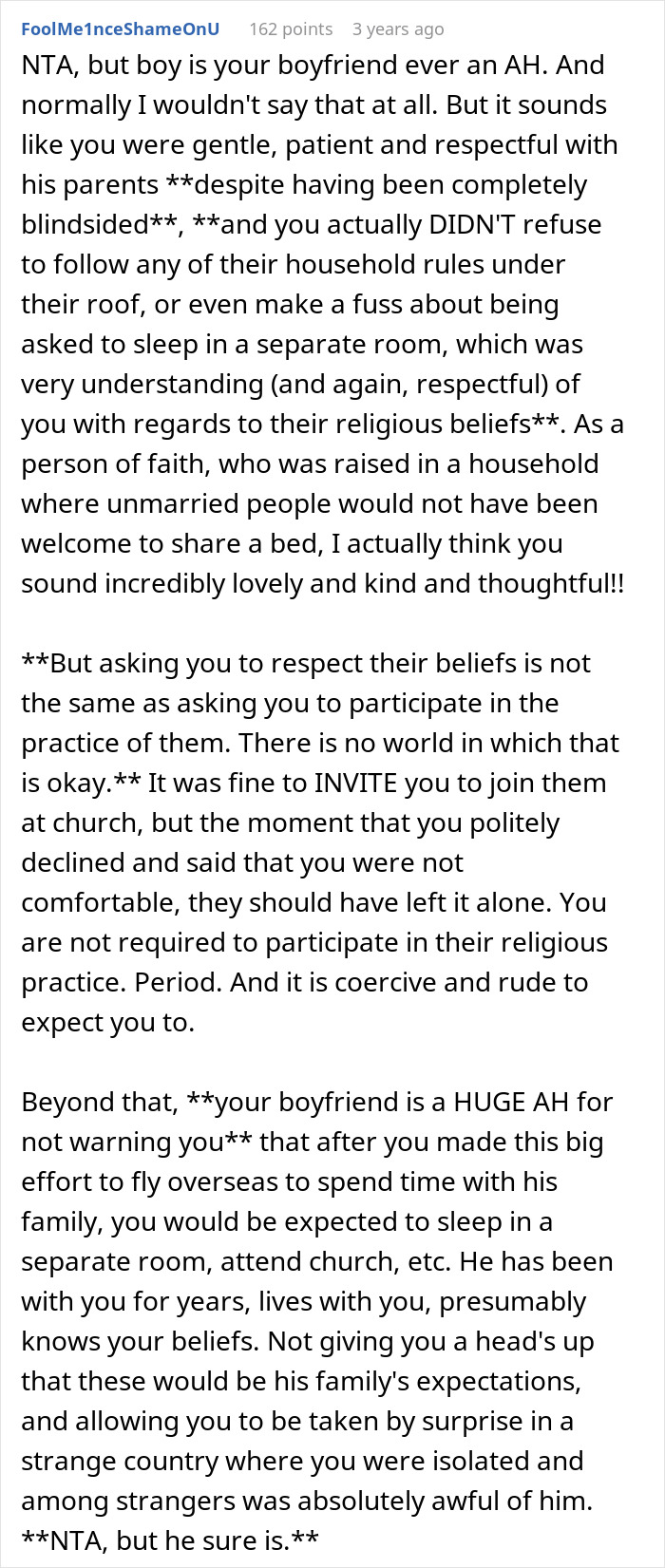 Screenshot of Reddit comment discussing MIL making son's girlfriend sleep separately and expectations to pray or attend church.
