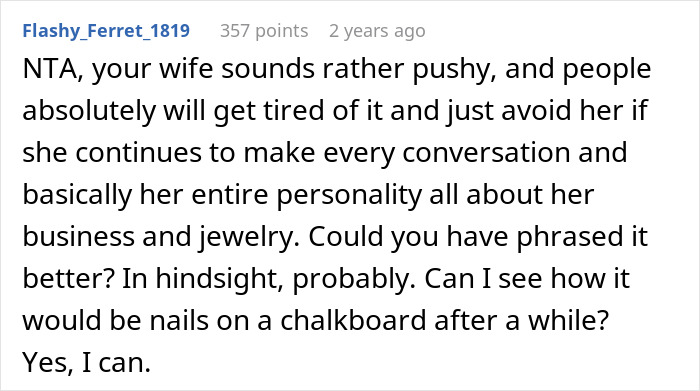 Screenshot of an online comment discussing an Etsy artist’s pushy self-promotion and family event bracelet sales. Screenshot of an online comment discussing an Etsy artist’s pushy self-promotion and family event bracelet sales.