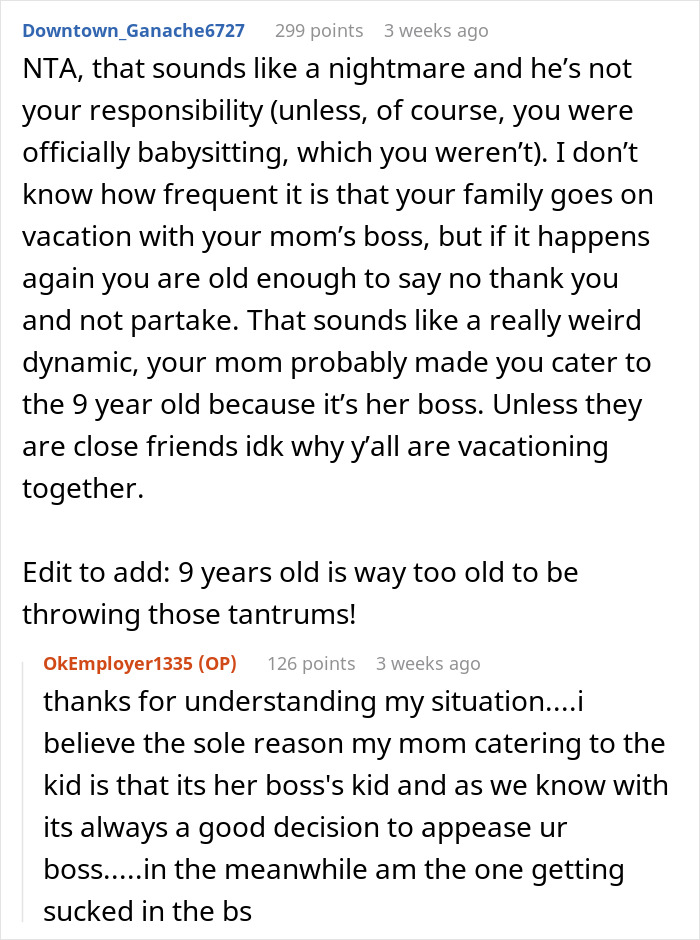 Teen gets scolded for not stopping a kid from running into traffic during family vacation with mom’s boss. Teen gets scolded for not stopping a kid from running into traffic during family vacation with mom’s boss.