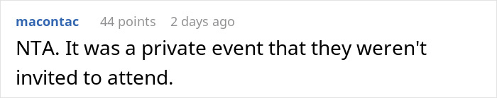 Screenshot of a social media comment discussing an entitled mother denied entrance at a private party.