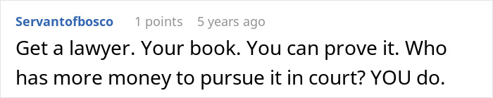 Screenshot of an online comment discussing legal advice about a woman stealing and publishing her sister-in-law’s book.