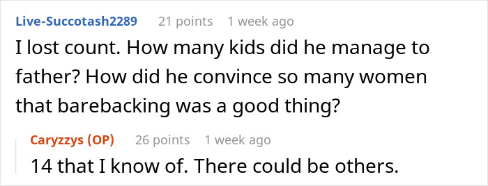 Screenshot of a Reddit conversation where users discuss a man fathering multiple children, related to blended family issues.