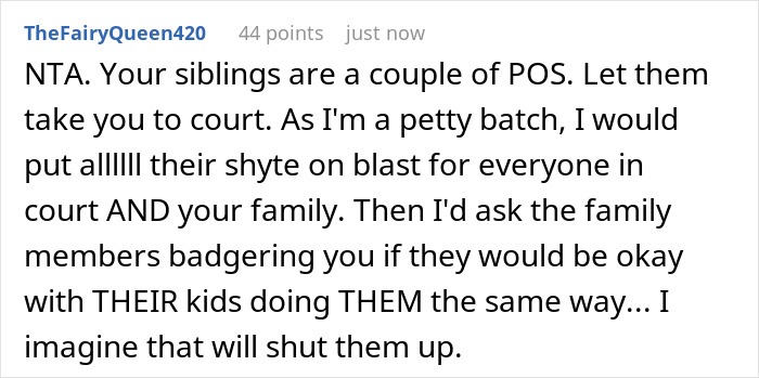 Screenshot of a user comment discussing entitled siblings raging after learning dad cut them from his will. Screenshot of a user comment discussing entitled siblings raging after learning dad cut them from his will.