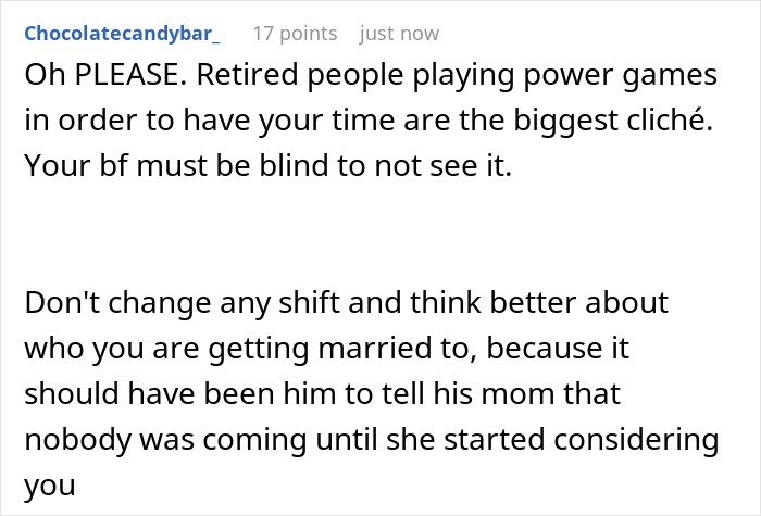Comment discussing future MIL scheduling family events on lady's work days and advice on handling power games. Comment discussing future MIL scheduling family events on lady's work days and advice on handling power games.