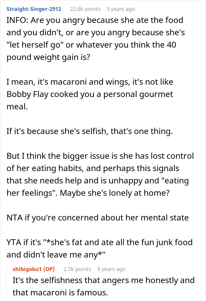 Reddit discussion about a man snapping at his girlfriend after she eats all the leftovers, mentioning her 40 lbs weight gain. Reddit discussion about a man snapping at his girlfriend after she eats all the leftovers, mentioning her 40 lbs weight gain.