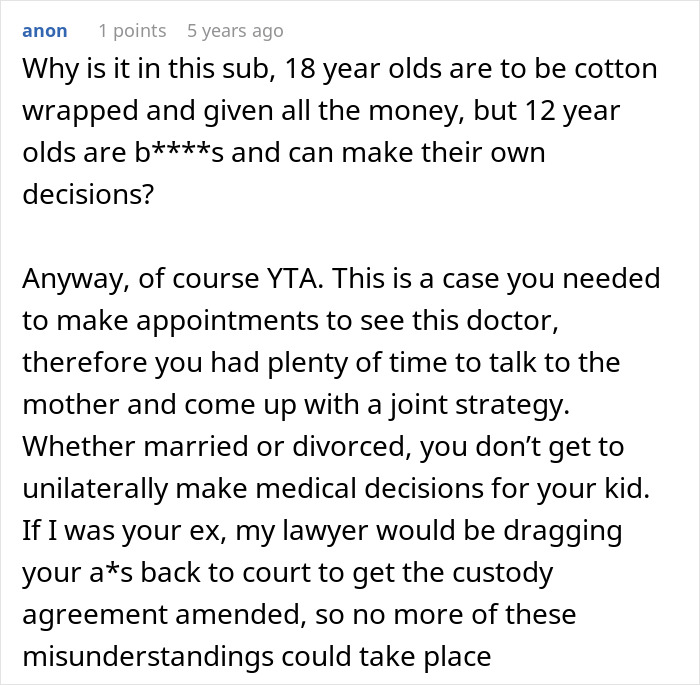 Screenshot of online discussion about dad approving 12-year-old son’s mole removal cosmetic surgery without mom’s consent. Screenshot of online discussion about dad approving 12-year-old son’s mole removal cosmetic surgery without mom’s consent.