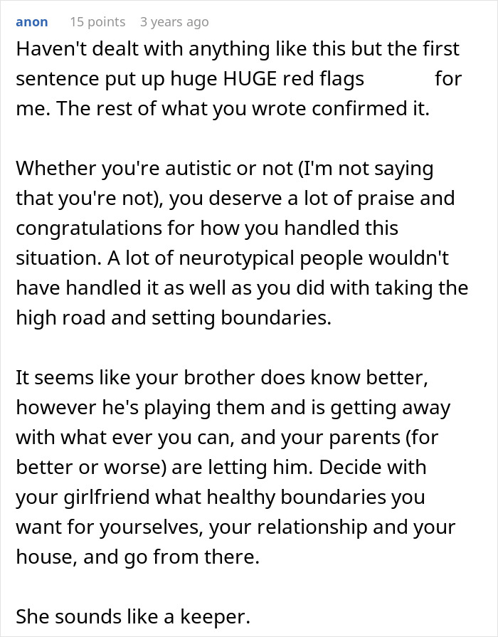 Comment discussing autistic brother's behavior and entitled parents ignoring creepy actions while setting boundaries for healthy relationships