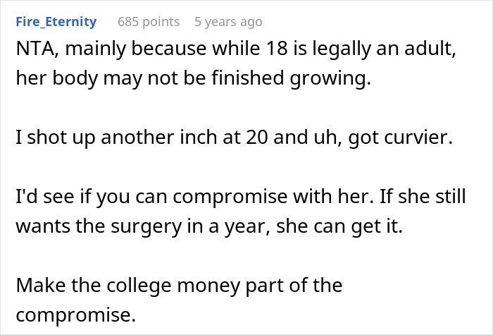 Screenshot of a Reddit comment discussing an 18-year-old wanting a BBL and her dad refusing to pay for college. Screenshot of a Reddit comment discussing an 18-year-old wanting a BBL and her dad refusing to pay for college.