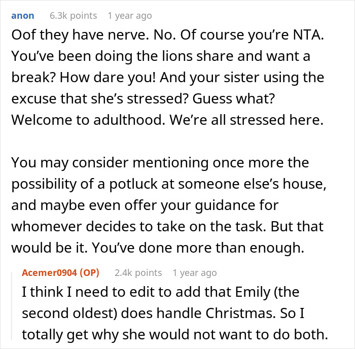 Comment thread discussing a woman asking for a break from hosting traditional family Thanksgiving, called selfish by sisters. Comment thread discussing a woman asking for a break from hosting traditional family Thanksgiving, called selfish by sisters.