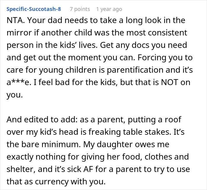 Comment discussing teen refuses to babysit step-siblings and the father's angry reaction to the situation.
