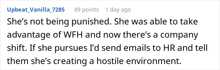 Comment discussing a woman expecting her private office back after working from home for 2 years amid company policy changes. Comment discussing a woman expecting her private office back after working from home for 2 years amid company policy changes.