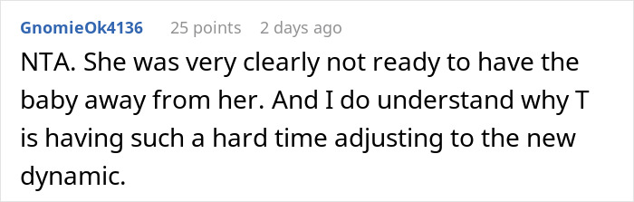 Screenshot of a Reddit comment discussing a mom’s panic calls while her friend agrees to babysit overnight.