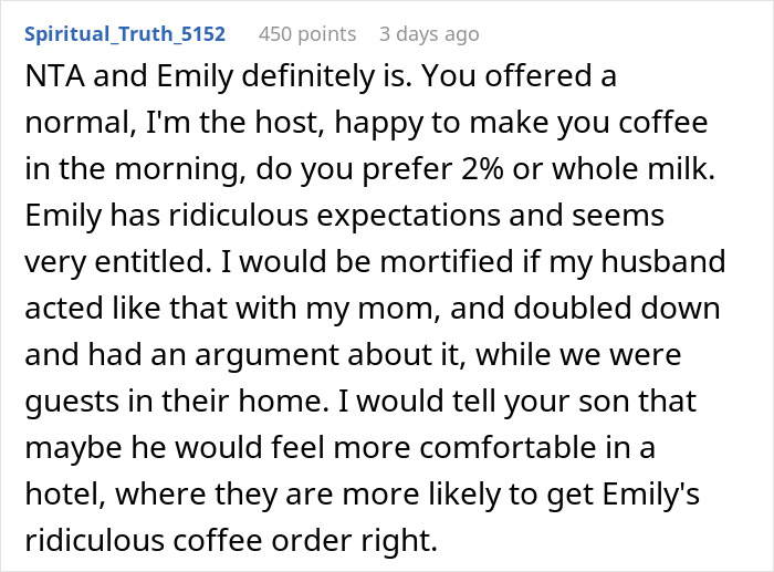 Comment discussing MIL offering to make morning coffee for DIL but ignoring fancy recipe instructions and causing conflict. Comment discussing MIL offering to make morning coffee for DIL but ignoring fancy recipe instructions and causing conflict.