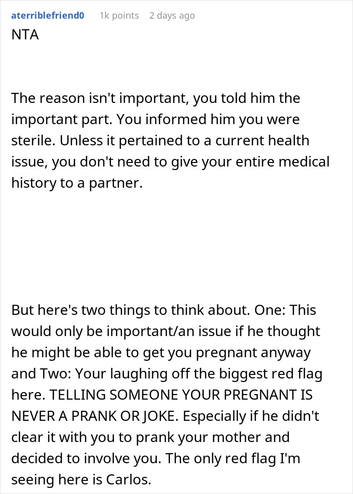 Text-based image showing a user commenting on a childfree couple in conflict after a prank reveals woman had hysterectomy.