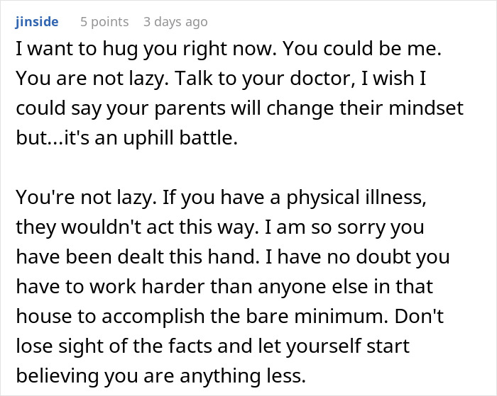 Comment expressing support for a daughter struggling with depression and her parents calling her lazy for sleeping in.