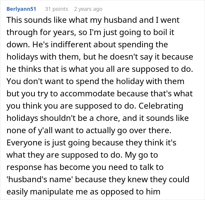 Comment from user sharing experience about celebrating holidays reluctantly due to family expectations and manipulation concerns. Comment from user sharing experience about celebrating holidays reluctantly due to family expectations and manipulation concerns.