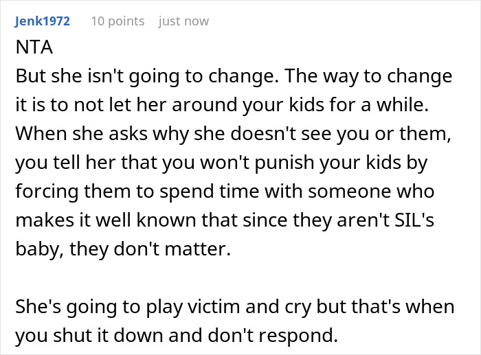 Comment discussing MIL admitting to having a favorite grandchild and treating others like burdens with snubs noticed by kids. Comment discussing MIL admitting to having a favorite grandchild and treating others like burdens with snubs noticed by kids.