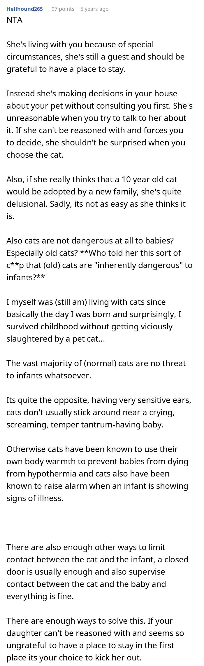 Comment discussing pregnant daughter deciding to put dad&rsquo;s cat in shelter over baby safety and family conflict outcomes