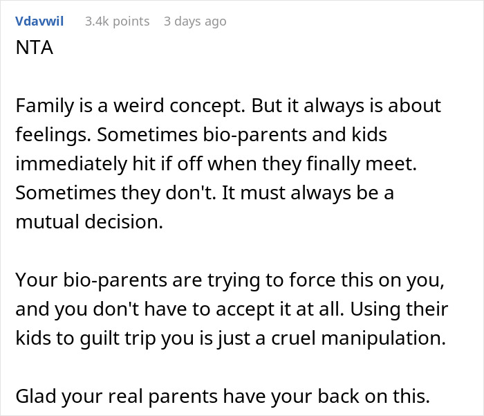 Comment discussing feelings about family and parents wanting their abandoned son to join siblings after years of silence. Comment discussing feelings about family and parents wanting their abandoned son to join siblings after years of silence.